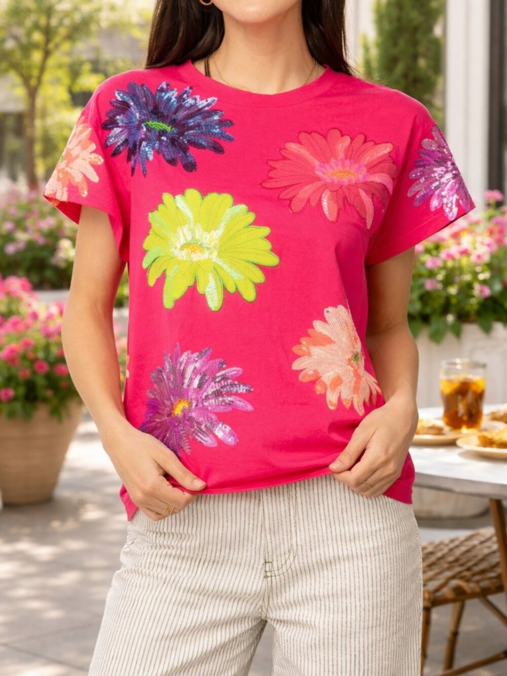 NWT Queen of Sparkles Hot Pink Multi Flower Tee